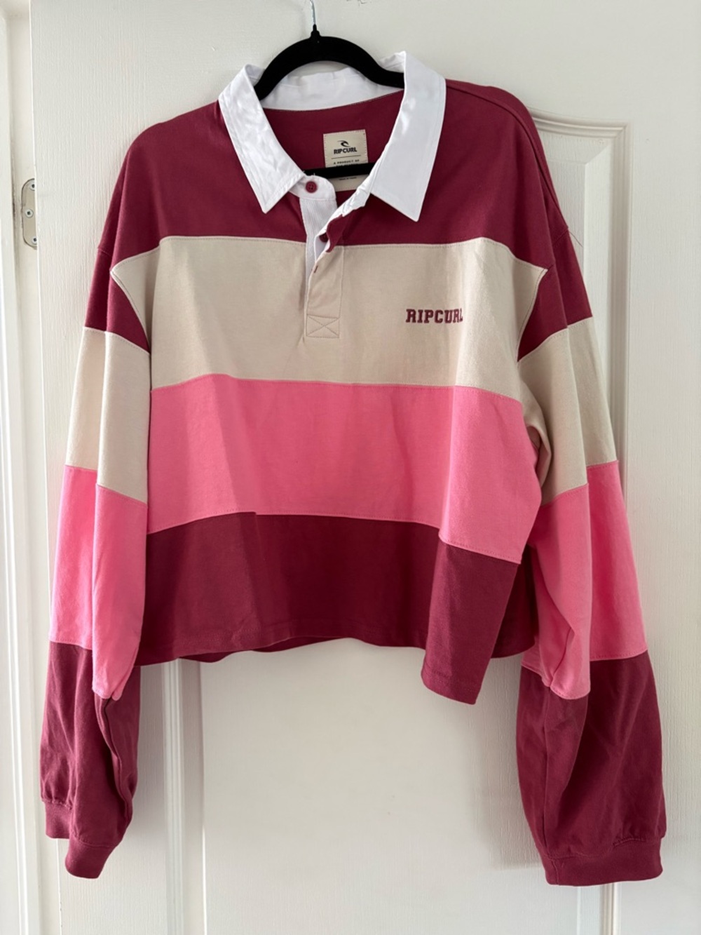 Rip Curl Cropped Striped Rugby - Burgundy, Pink, Cream like New